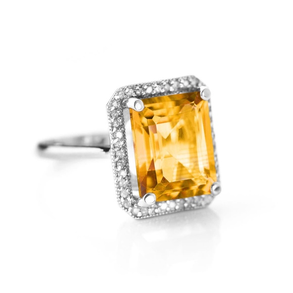 Galaxy Gold Products Jewelry - 14K. SOLID GOLD RING WITH NATURAL DIAMONDS & CITRINE (White Gold)
